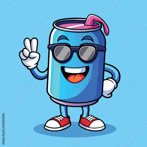 Animated cartoon soda can character giving peace sign and wearing sunglasses with a smile