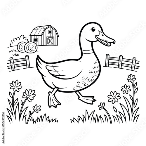 Duck walking through the farmyard Coloring Page, Silhouette, Vector, Illustration, Outline, Logo, White Background.