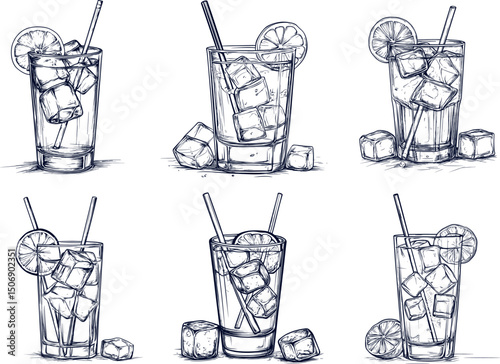 Hand drawn cocktail glasses with ice cubes isolated on white background