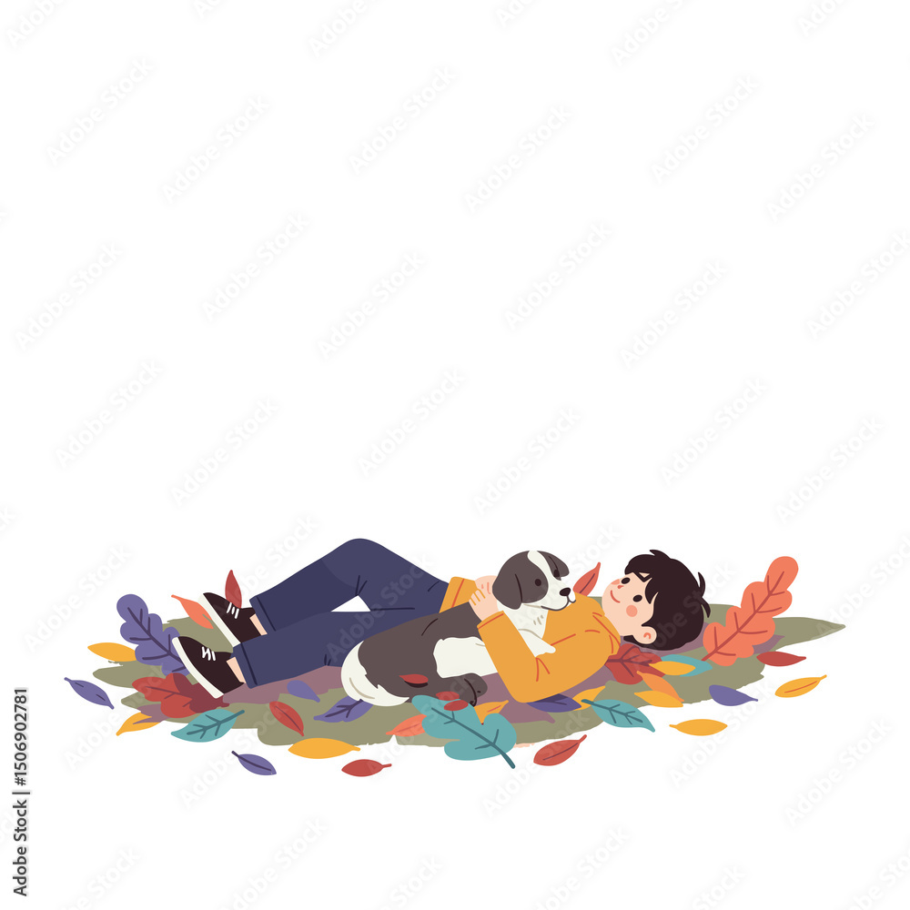 Fototapeta premium Boy lying in leaves with dog and smiling in autumn scenery 