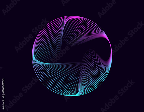 Abstract 3d sphere. Neon gradient curved waves in round shape. Bright spinning circular border. Vector colorful glowing circular tech frame