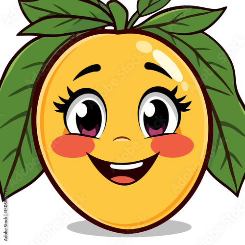 Smiling Peach Cartoon: A charming cartoon peach with rosy cheeks, lush green leaves, and an infectious smile spreads happiness and vitality.