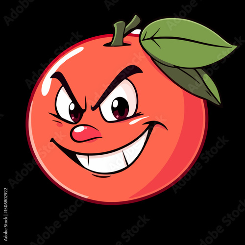 The Evil Orange: A cartoon illustration of a menacing orange, complete with a wicked grin, furrowed brow, and piercing eyes.