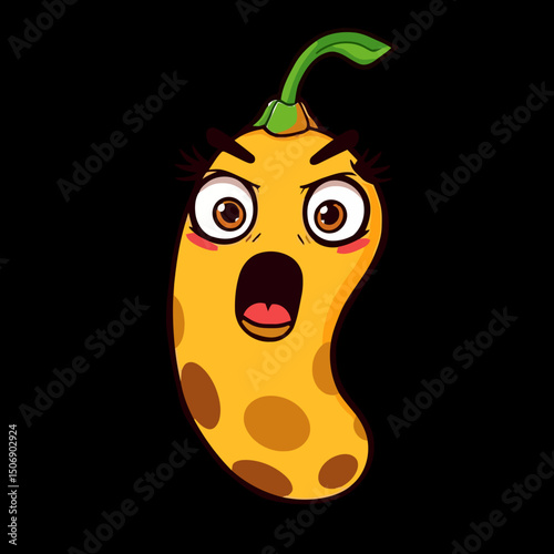 Spotted Banana Mascot: A vibrant cartoon illustration features an expressive banana mascot with distinct spots, conveying a strong sense of shock and surprise with exaggerated features.