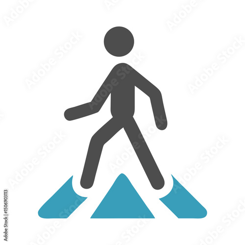 Walking figure on blue triangular forms against black backdrop