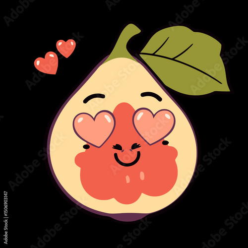 Fig's Love: A cheerful fig with heart eyes, surrounded by loving heart symbols, is set against a dark background, radiating a sense of love, joy, and cuteness.