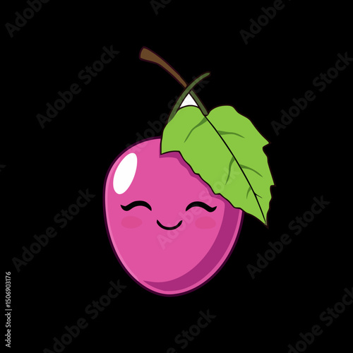 Happy Plum Cartoon: An adorable cartoon plum with a cheerful smile and a single leaf, radiating positivity and charm. 