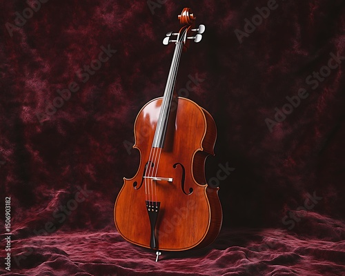 Glossy cherry wood cello standing upright on a deep burgundy velvet background