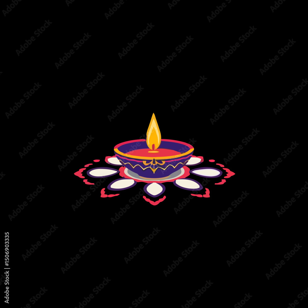 Diya on black: A vibrant diya lamp, aglow with a flickering flame, rests atop a detailed floral rangoli pattern, against a dramatic backdrop.