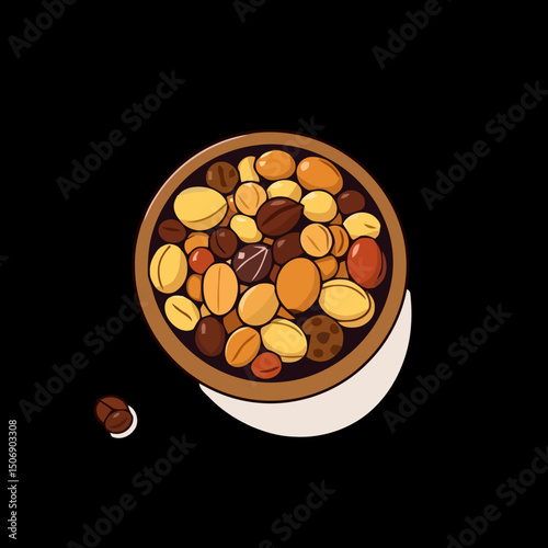 Aromatic Assortment: A vibrant, top-down depiction of an assortment of coffee beans and nuts, artfully arranged within a rustic wooden bowl against a dark backdrop.