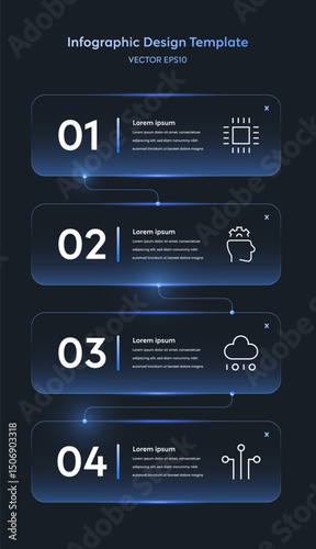 Vertical Linear Infographic Tech Template with Minimal Neon Gradient Elements. UI Interface Linear Layout 4 Step Connecting Node feathering AI Data Analysis Semiconductor Icons Technology Report.
