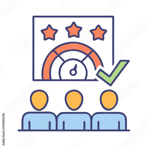 Customer satisfaction rating gauge with stars and tick symbol
