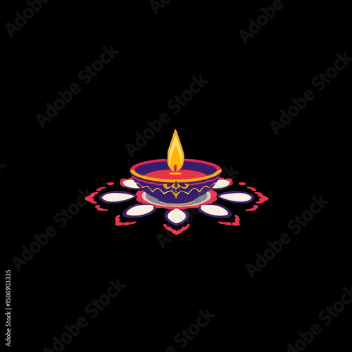 Diya on black: A vibrant diya lamp, aglow with a flickering flame, rests atop a detailed floral rangoli pattern, against a dramatic backdrop.