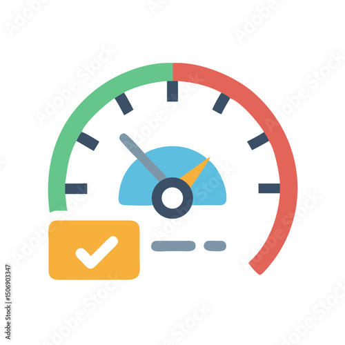Performance speedometer shows progress with check mark, White Background