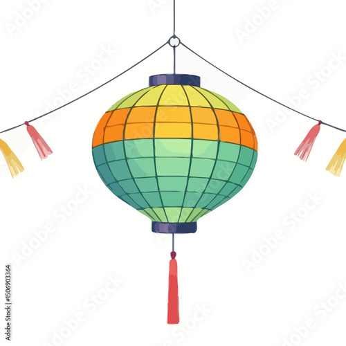 Festive Lantern: A beautifully crafted, colorful lantern, adorned with tassels and decorative flags, hangs serenely against a backdrop.