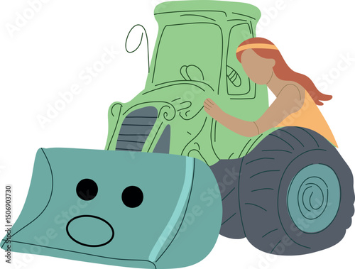 Hippie style activist hugging the blade of a condused bulldozer, he has googly eyes 