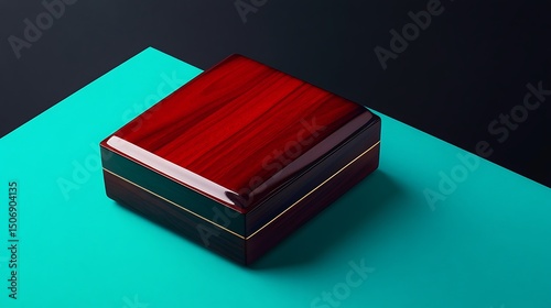 Glossy mahogany caj?^3n placed on a high-contrast teal and black background