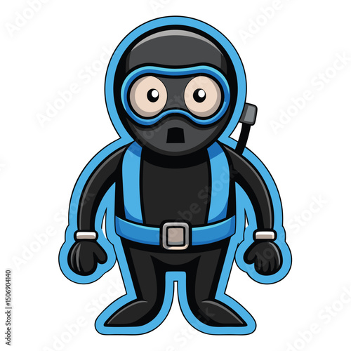 Cartoon diver character dressed in scuba gear with blue and black color scheme