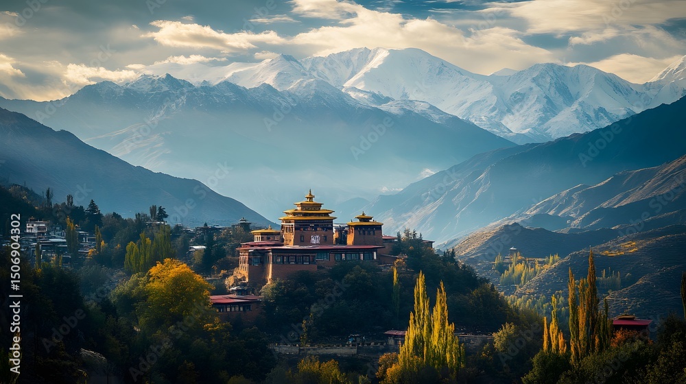Fototapeta premium Spiritual retreat in a Himalayan monastery surrounded by mountains