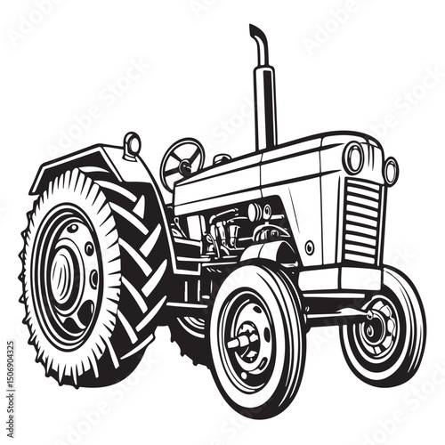 Retro Black and White Vintage Farm Tractor Illustration