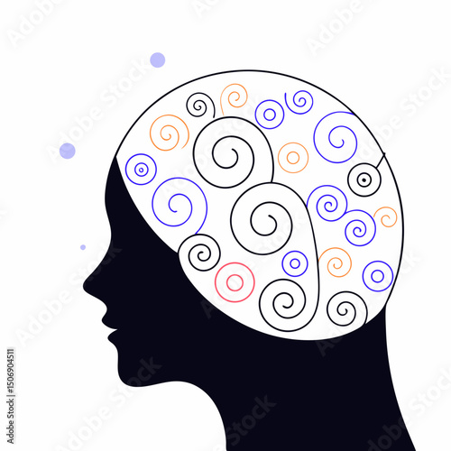 creative illustration of human head silhouette with colorful swirls representing thoughts and ideas, evoking sense
