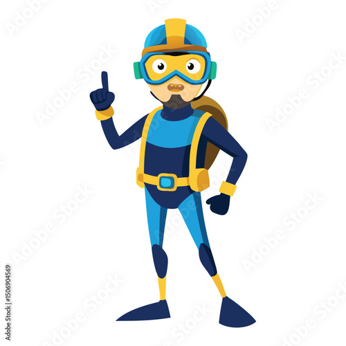 Cartoon diver pointing upward with scuba gear depicting underwater exploration concept