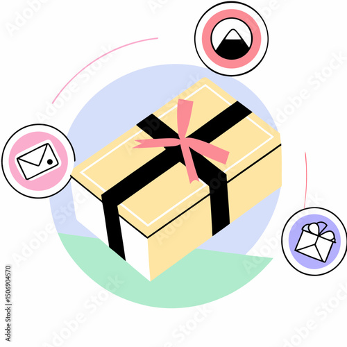 beautifully wrapped gift box with satin ribbon, perfect for any occasion, surrounded by icons representing communication