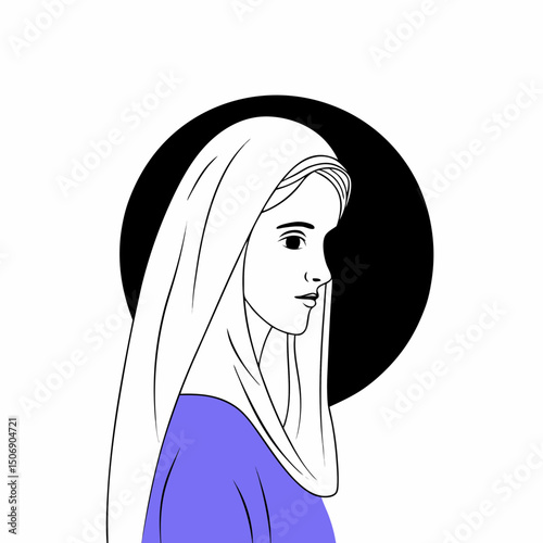 Young woman with headscarf, showcasing grace and tranquility. background features contrasting dark