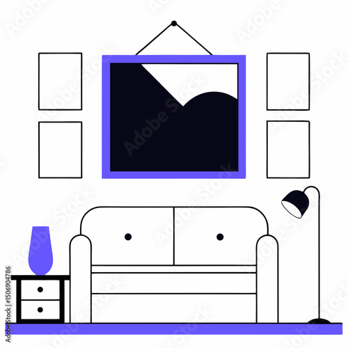 modern living room interior featuring large framed artwork above cozy sofa, complemented by decorative elements