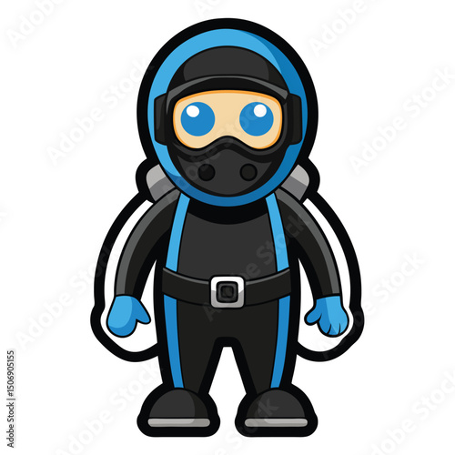 Cartoon illustration of a diver in a scuba suit and diving gear isolated on white