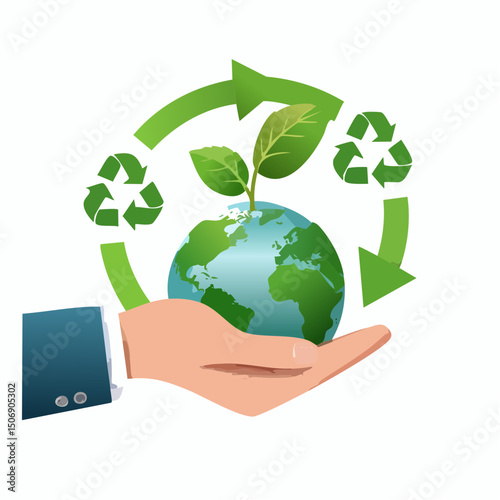 Vector Illustration of Sustainable Earth with Recycling Symbols, Plants, and Eco-Friendly Concept