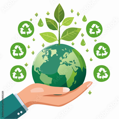 Vector Illustration of Sustainable Earth with Recycling Symbols, Plants, and Eco-Friendly Concept