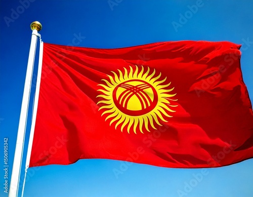  Kyrgyzstan flag waving against clean blue sky, close up, isolated with clipping path mask al.jpg