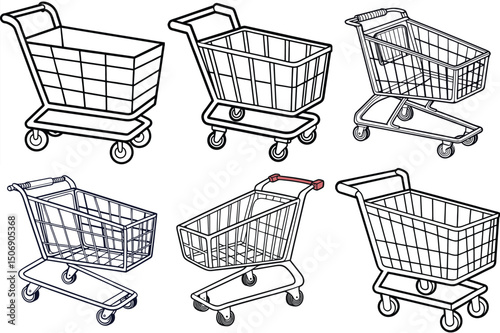 Shopping cart outline vector illustration isolated on white background.