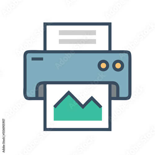 Illustration of printer with graphic print on White Background