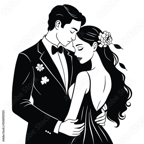  black-and-white line art illustration of a romantic couple embracing