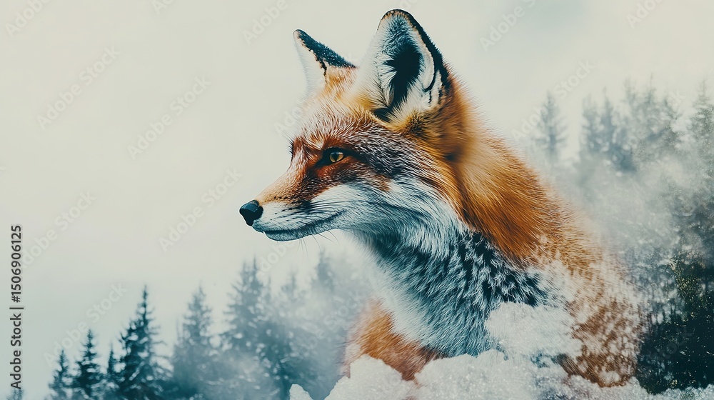 Fototapeta premium Fox with snow field and alpine sky double exposure