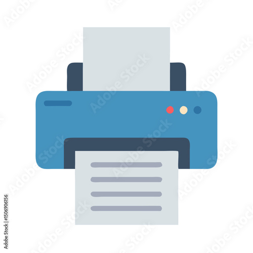 Blue printer with paper in flat vector illustration