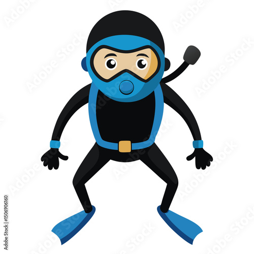 Cartoon illustration of a scuba diver with a black and blue diving suit isolated