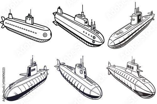 Submarine outline vector illustration isolated on white background.