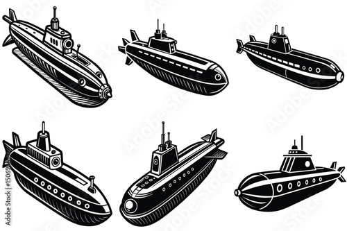 Submarine silhouette vector illustration isolated on white background.