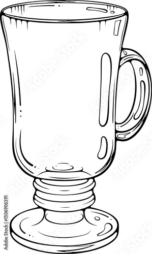 Footed glass cup or goblet with a handle for hot drinks. Vector illustration in hand drawn sketch style. Line art isolated on white for coloring book, print