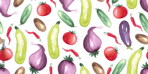 seamless pattern of watercolor vegetable elements on white background. Different vegetables hand painted illustration. Pepper, eggplant, beet, tomato, cucumber, zucchini, potato