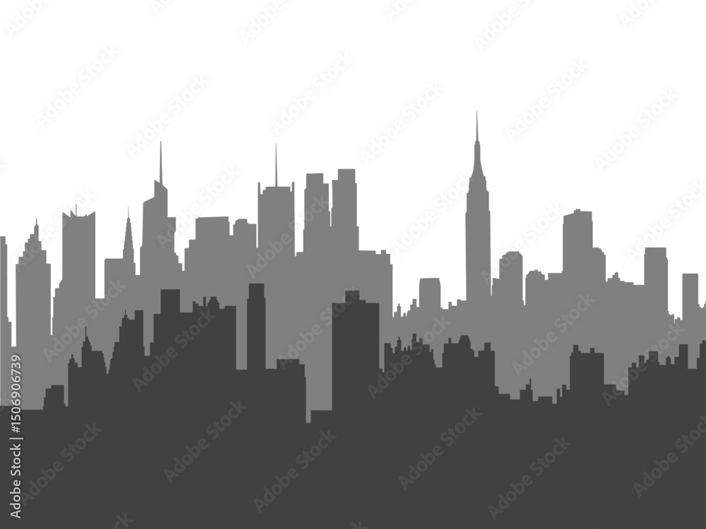 Naklejka premium Modern New York City Skyline Silhouette in Dark and Light Gray – Vector Illustration for Business, Travel Promotion, and Home Wall Art on White Background