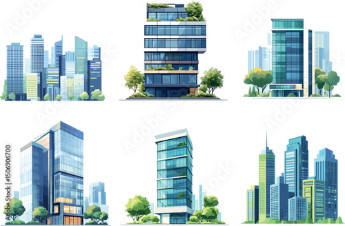 Illustrations of modern city buildings isolated on white background