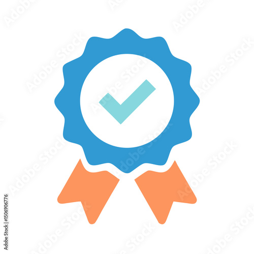 Blue and orange tick badge icon on White Background