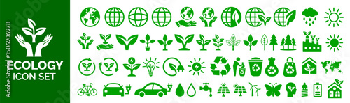 Comprehensive Vector Eco Friendly and Environmental Icon Set. Featuring green energy, nature, recycling, sustainability, earth, and conservation symbols for eco conscious designs. ecology icon bundle