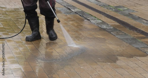 Municipal cleaner is cleaning the pavement tiles with a pressure washer on the street
