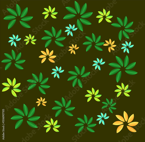 A lively pattern of multi-sized flowers in shades of green, yellow, orange, and aqua scattered on a deep olive background. This playful design evokes a fresh, tropical, and organic energy.
