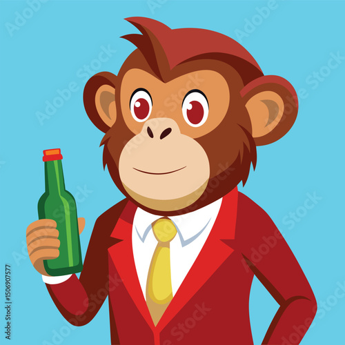 Cartoon monkey in a suit holding a beer bottle on a light blue background